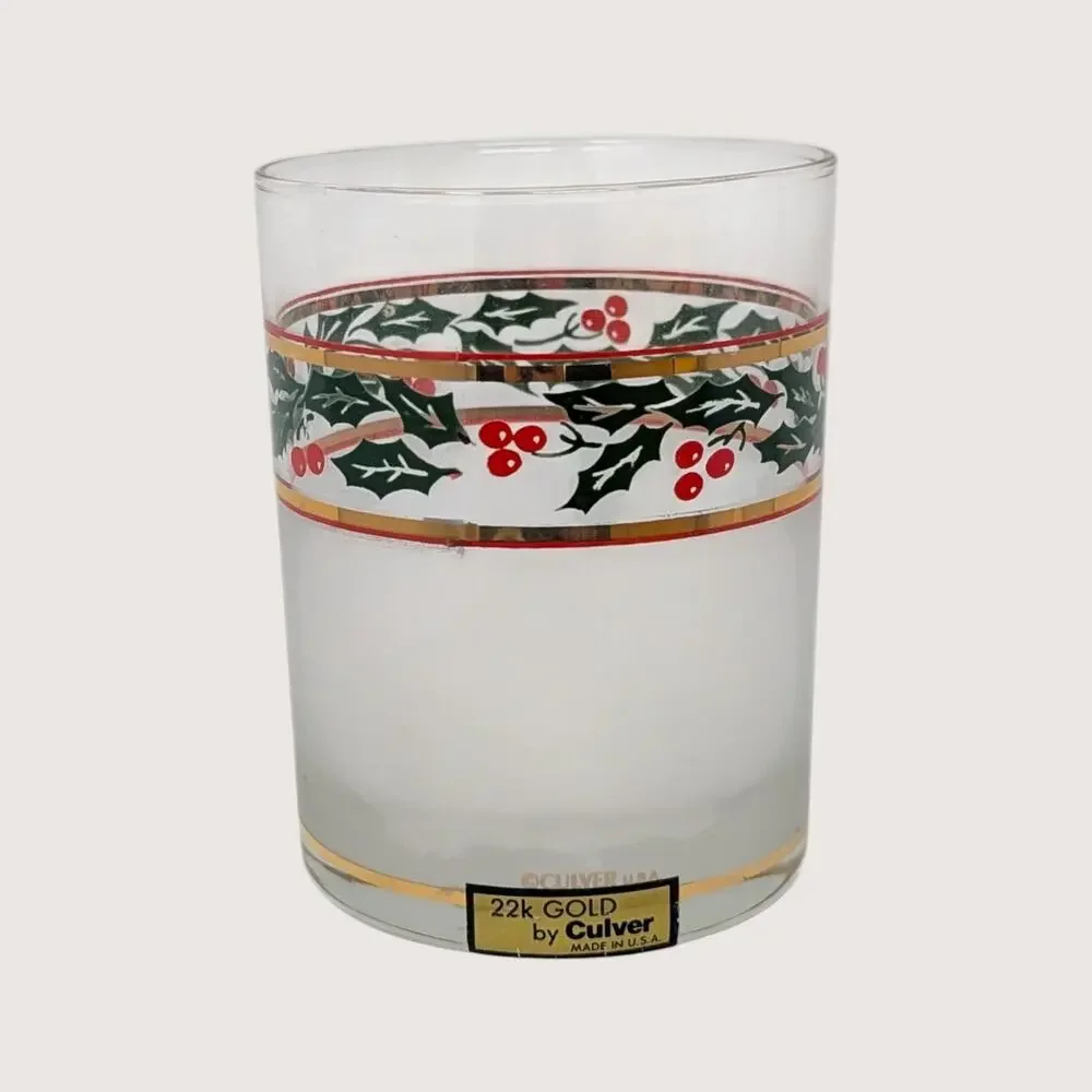 Vintage Culver Holiday Holly Ice Bucket and Glassware Set